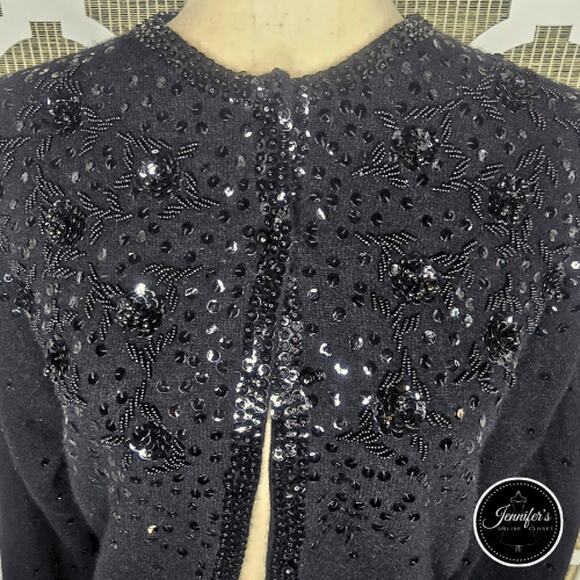 Cécile Bermuda Vintage Black Lambswool Angora Sequin Beaded Cardigan Size 12 - Picture 3 of 16
